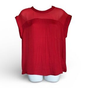 NAKED ZEBRA Red Women's Silky Top with sheer section, satin trim, buttons. L